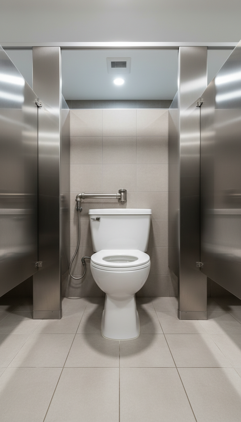 An industrial-strength, professionally maintained toilet with a smooth porcelain finish, the water surface crystal-clear, and reinforced steel flush mechanisms visible. The toilet is set in a spacious commercial restroom with large-format neutral tiles on the floor and walls, an accent wall of light gray, and stainless steel partition panels. Overhead LED panels provide cool, even lighting that creates clean highlights on the surfaces and soft shadows along architectural lines. The scene is captured from a low angle, leading the viewer's eye toward the sleek, modern fixtures. The mood is highly professional and pristine, with a structured, balanced composition. Photographic realism underscores the corporate image of industrial sanitation excellence.