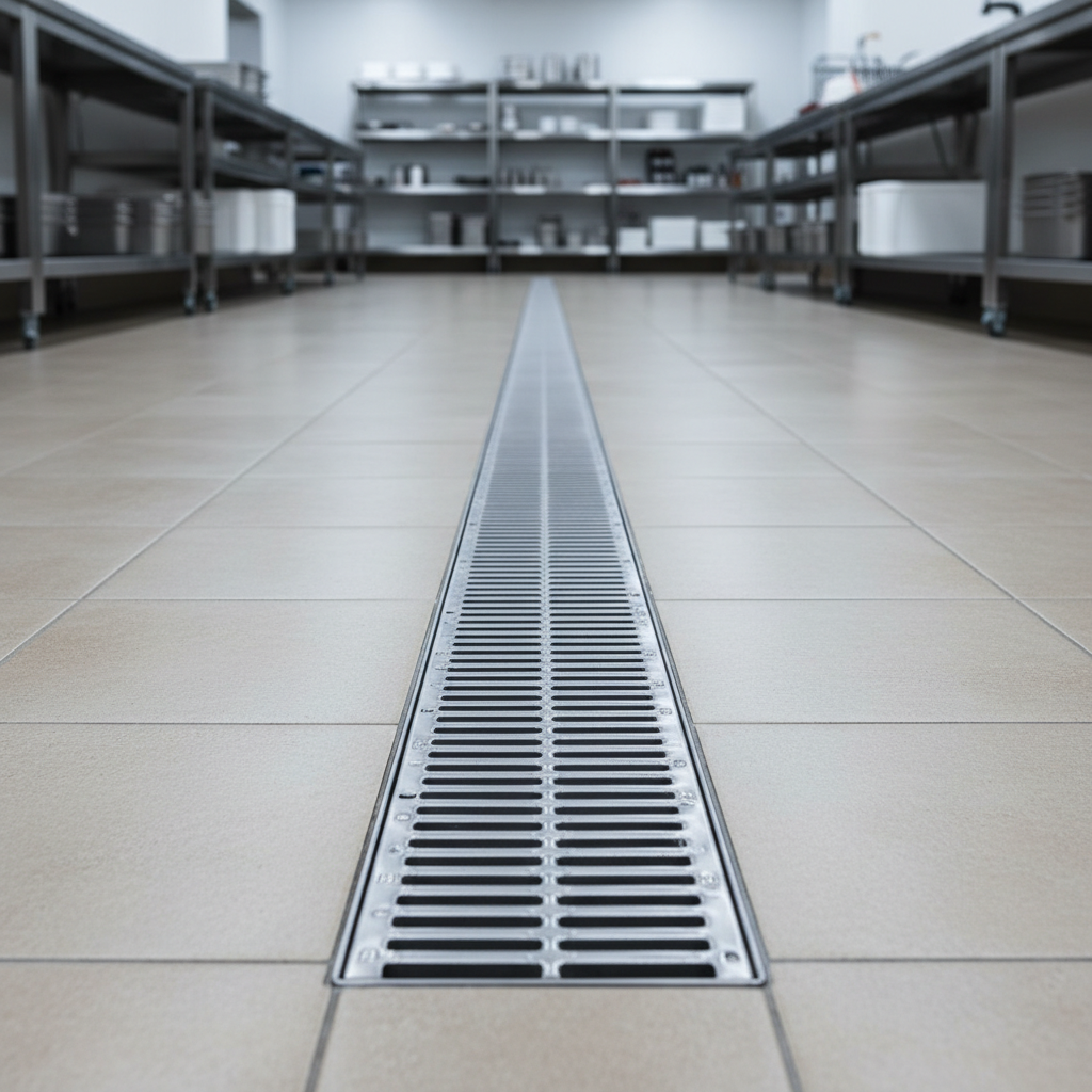 A robust, heavy-duty floor drain system with stainless steel grating set into a perfectly aligned line over polished concrete flooring. The surrounding environment consists of pristine, neutral-toned tiles typical of upscale commercial kitchens, with organized industrial shelving in the softly blurred background. Even, cool-toned artificial lighting minimizes glare while casting soft shadows along the precise edges of the drain. The composition features a slightly elevated angle and utilizes the rule of thirds, bringing attention to the drain's structural integrity and importance. The image conveys a sense of reliability and order, in a photographic, clean-lined visual style for a corporate industrial services brand.